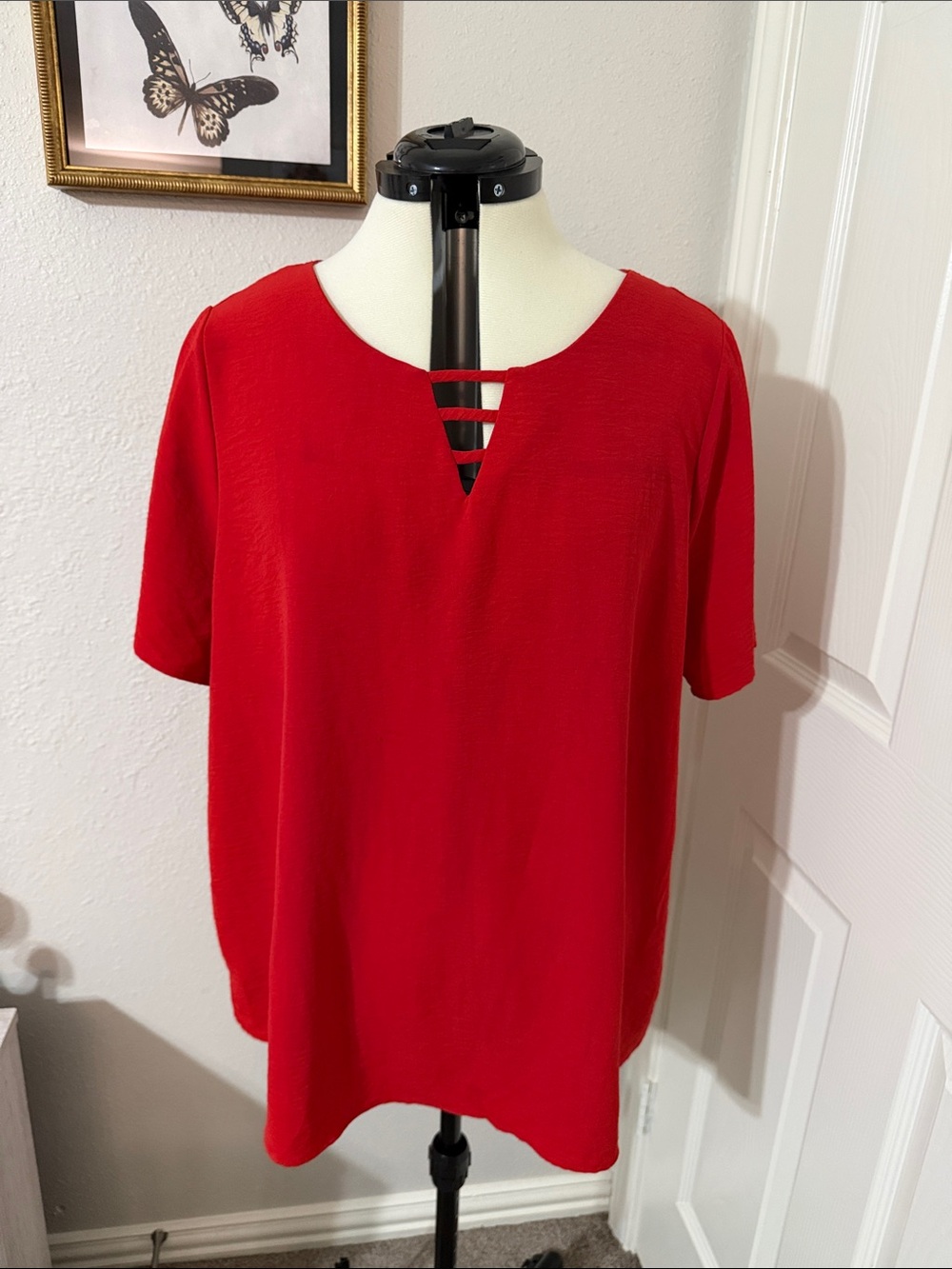 Women's Red Short-Sleeve Top with Ladder V-Neck Detail